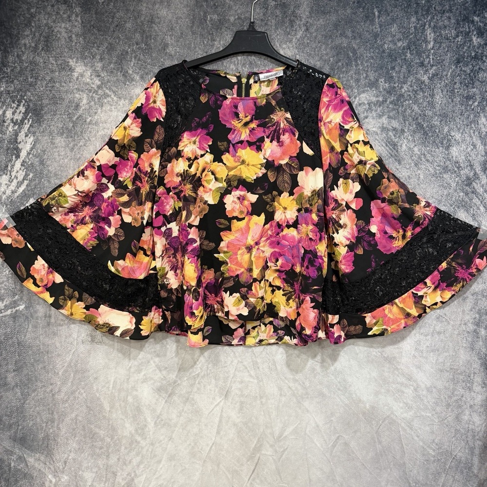 jennifer lopez Floral Sheer Dolman Sleeve Blouse Multicolored M Gold Back Zipper
